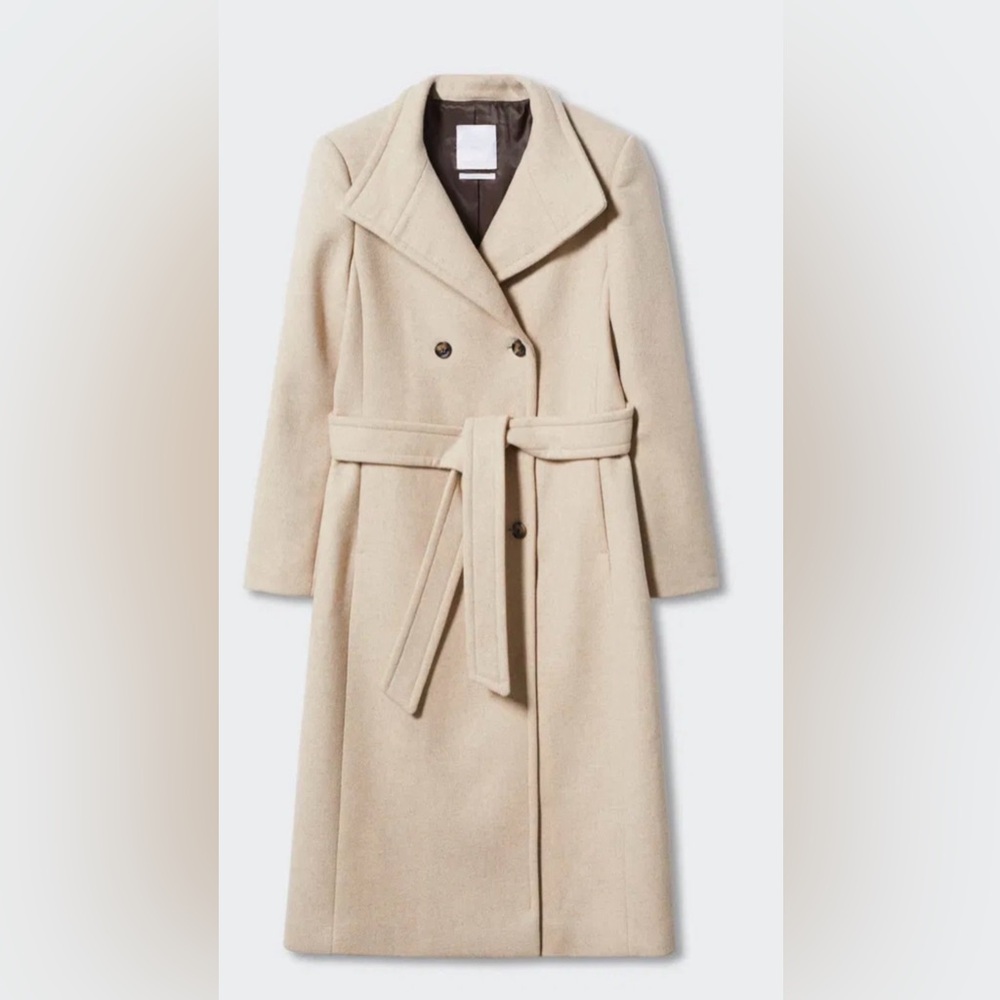 Mango Menteco Wool Blend Double Breasted Tailored Classic Tan Belted Coat